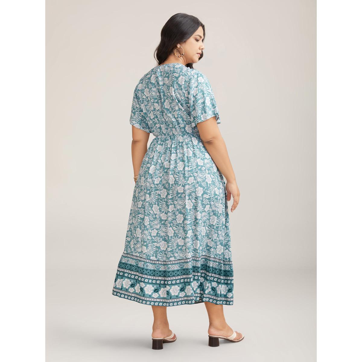 Plus Size Floral Print Stretchy Waist Pockets Midi Dress Stone Women Resort Non V-neck Short sleeve Curvy BloomChic 10/M Product Image