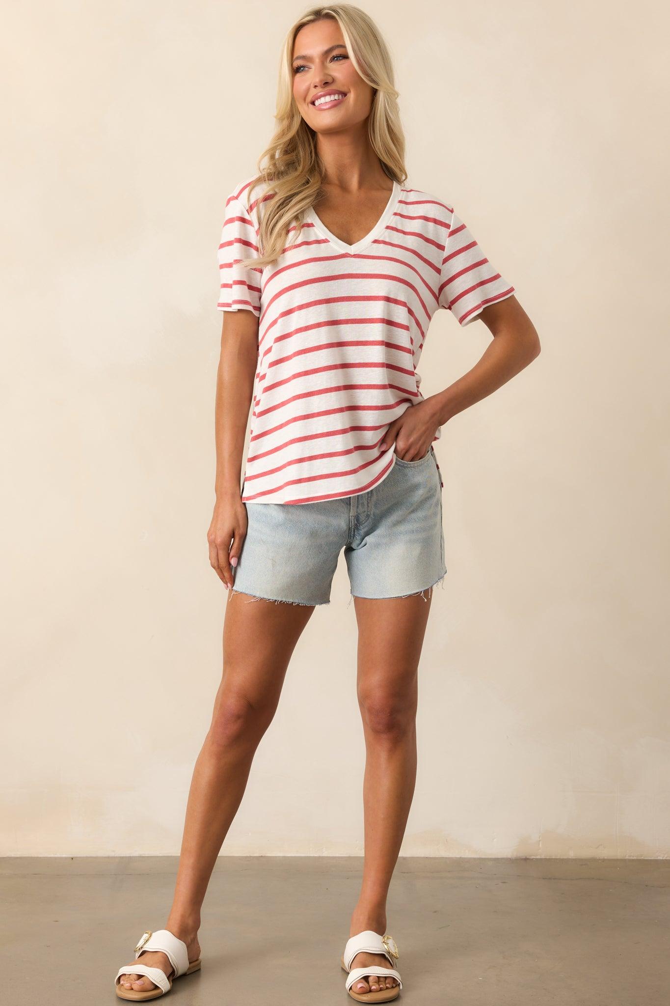Comfort Zone Red Stripe Short Sleeve V-Neck Tee Product Image
