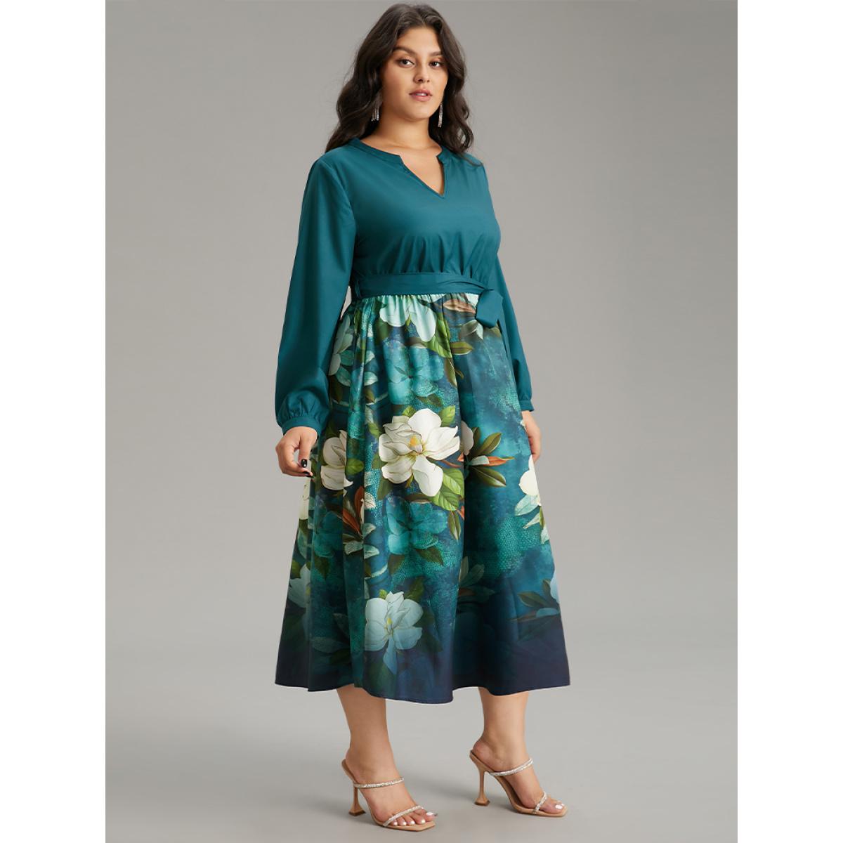 Plus Size Floral Print Patchwork Bleted Pocket Dress Cerulean Women Glamour Belted Notched collar Long Sleeve Curvy Midi Dress BloomChic 14-16/1X Product Image