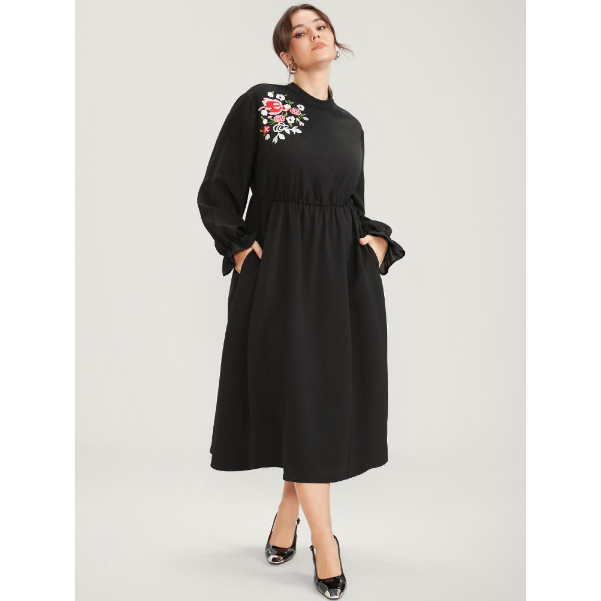Plus Size Floral Embroidered Pocket Mock Neck Dress Black Women Office Embroidered Mock Neck Long Sleeve Curvy Midi Dress BloomChic 10/M Product Image