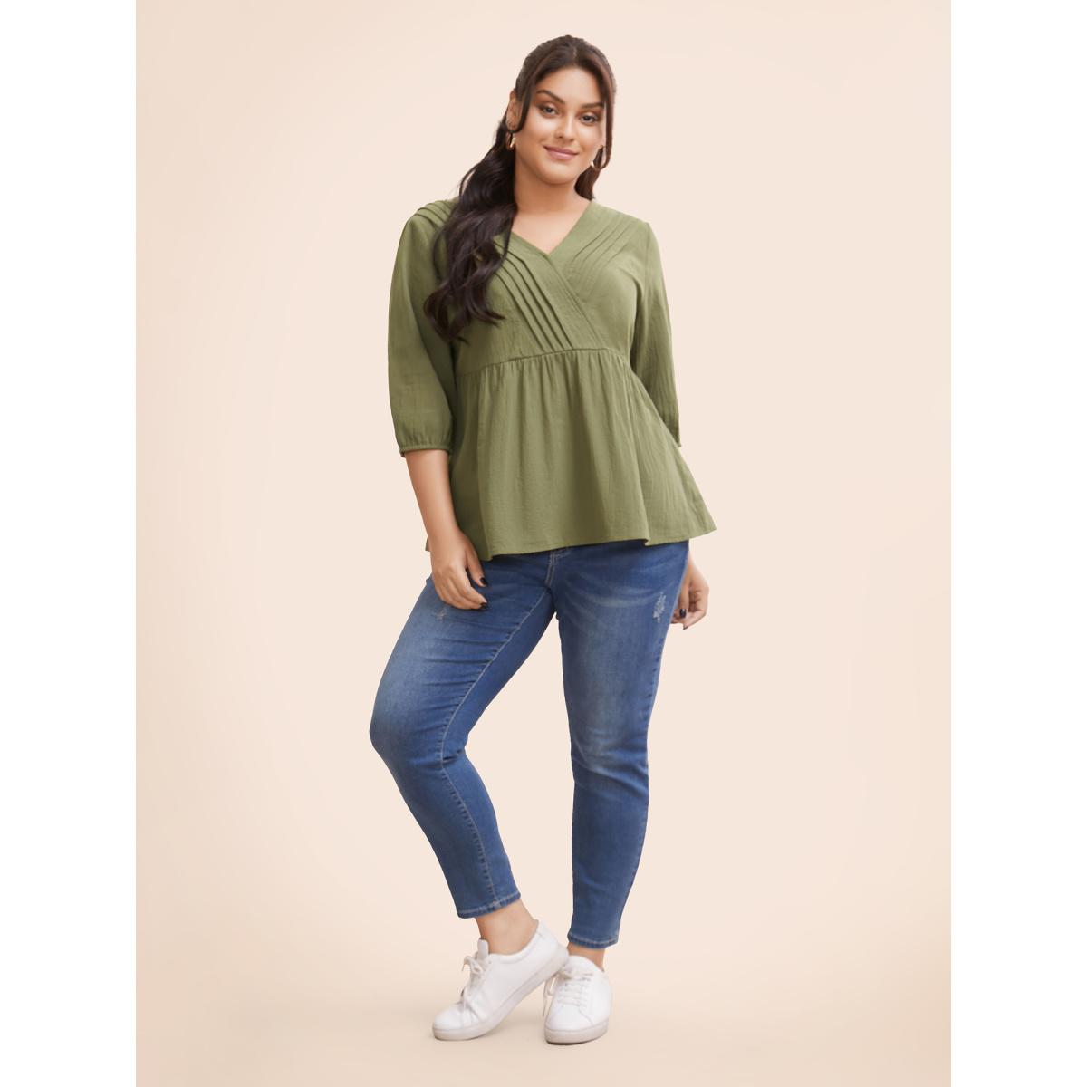 Plus Size Sage Solid Lantern Sleeve Pleated Blouse Women Resort Elbow-length sleeve V-neck Vacation Blouses BloomChic 18-20/2X Product Image
