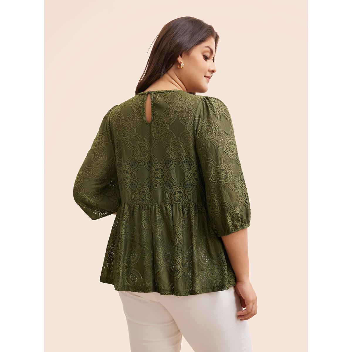 Plus Size Olive Crew Neck Crochet Lace Lantern Sleeve Blouse Women Elegant Elbow-length sleeve Round Neck Everyday Blouses BloomChic 26/4X Product Image