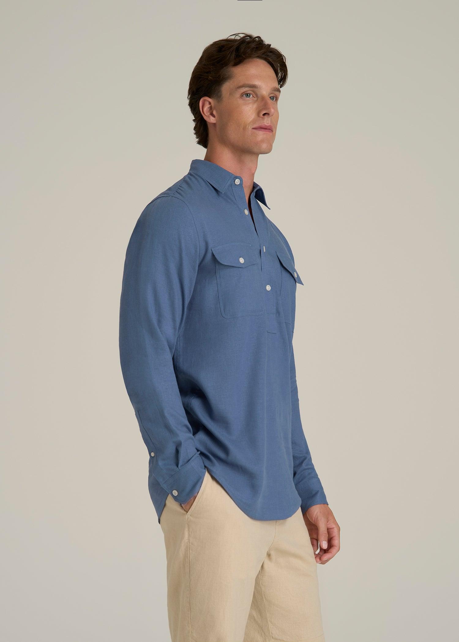 Linen Popover Shirt for Tall Men in Deep Cobalt Male Product Image