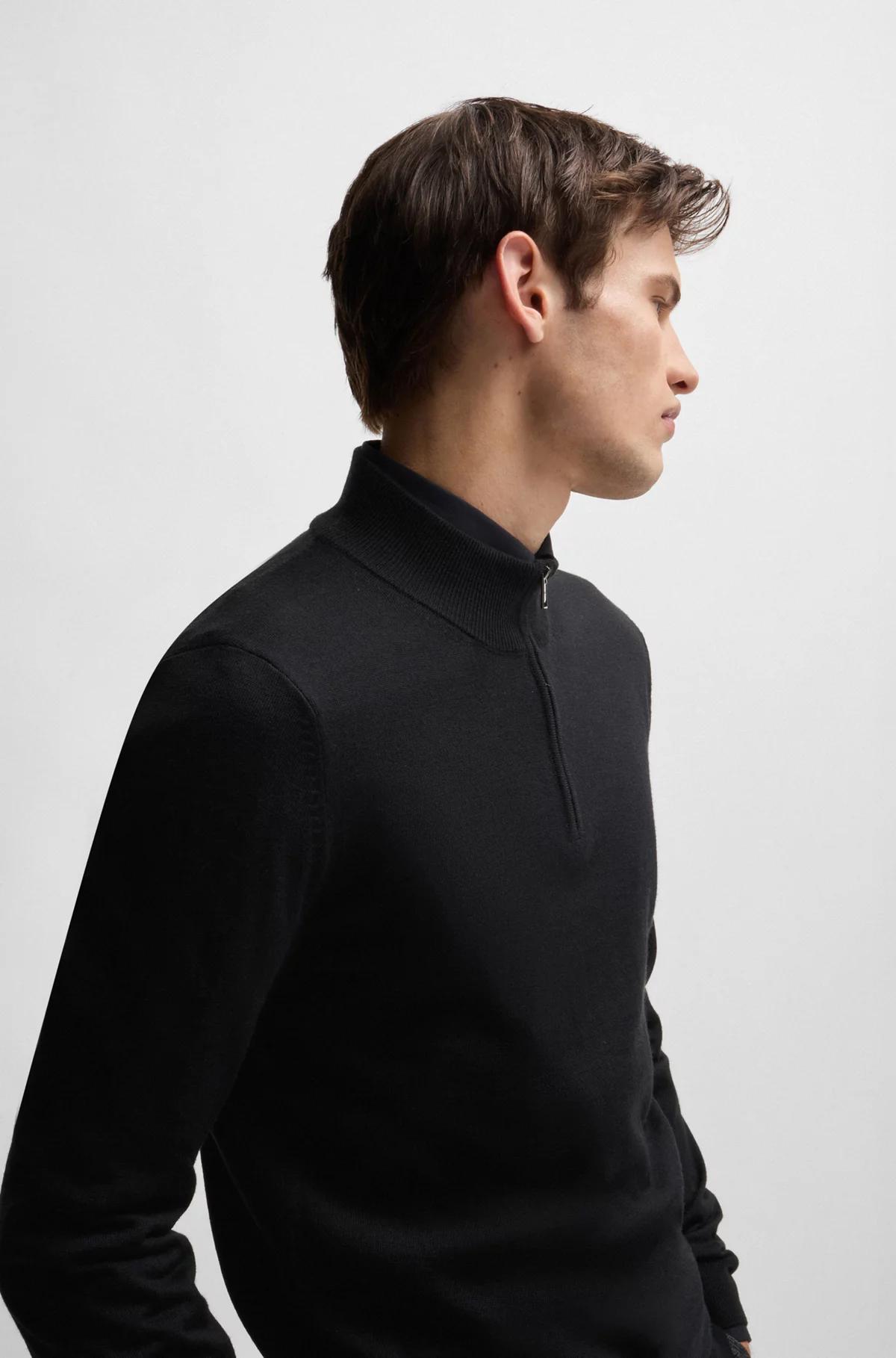 Boss Regular-Fit Zip-Neck Sweater in Virgin Wool - Black Product Image