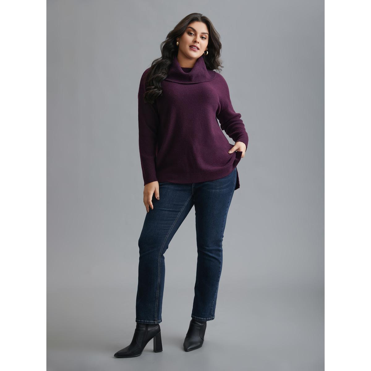 Plus Size Supersoft Essentials Turtle Neck Asymmetrical Hem Slit Pullover Eggplant Women Casual Loose Long Sleeve Turtleneck Everyday Pullovers BloomChic 10/M Product Image