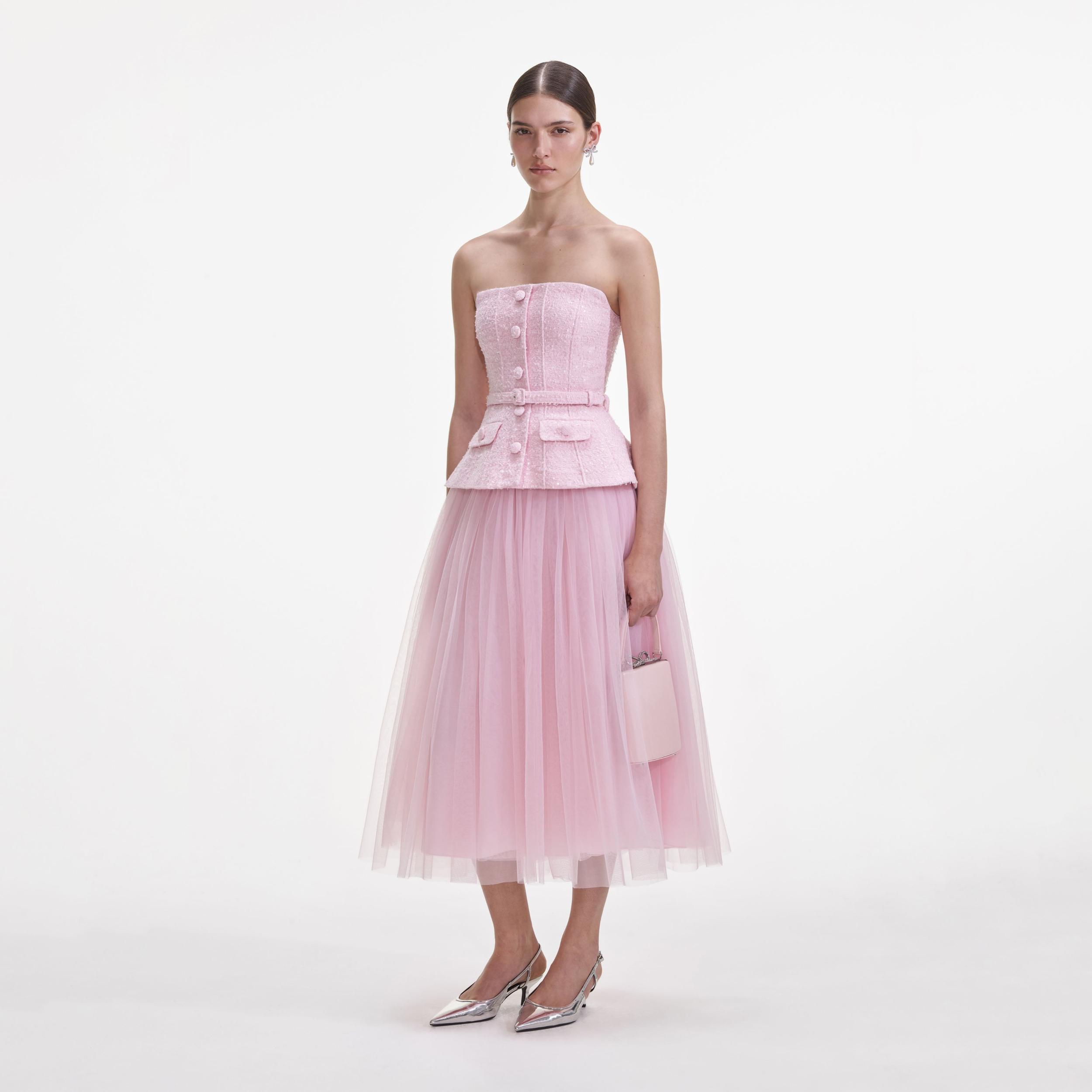 Pink Boucle Tulle Midi Dress Product Image