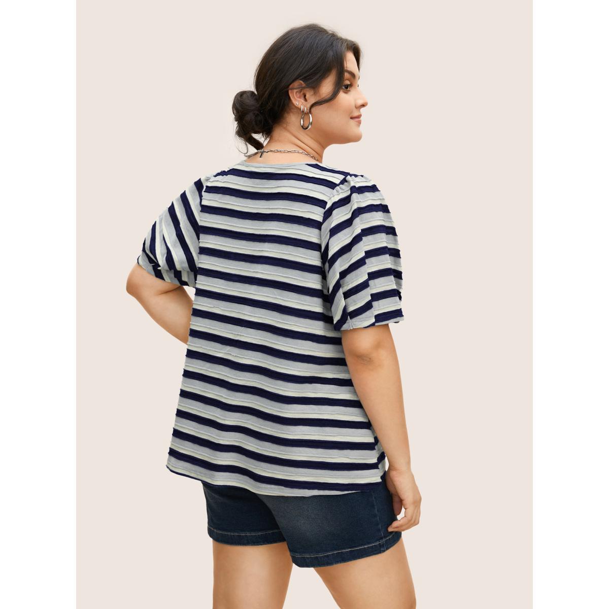 Plus Size V Neck Textured Striped Tie Knot T-shirt Midnight Women Casual Texture V-neck Everyday T-shirts BloomChic 10/M Product Image