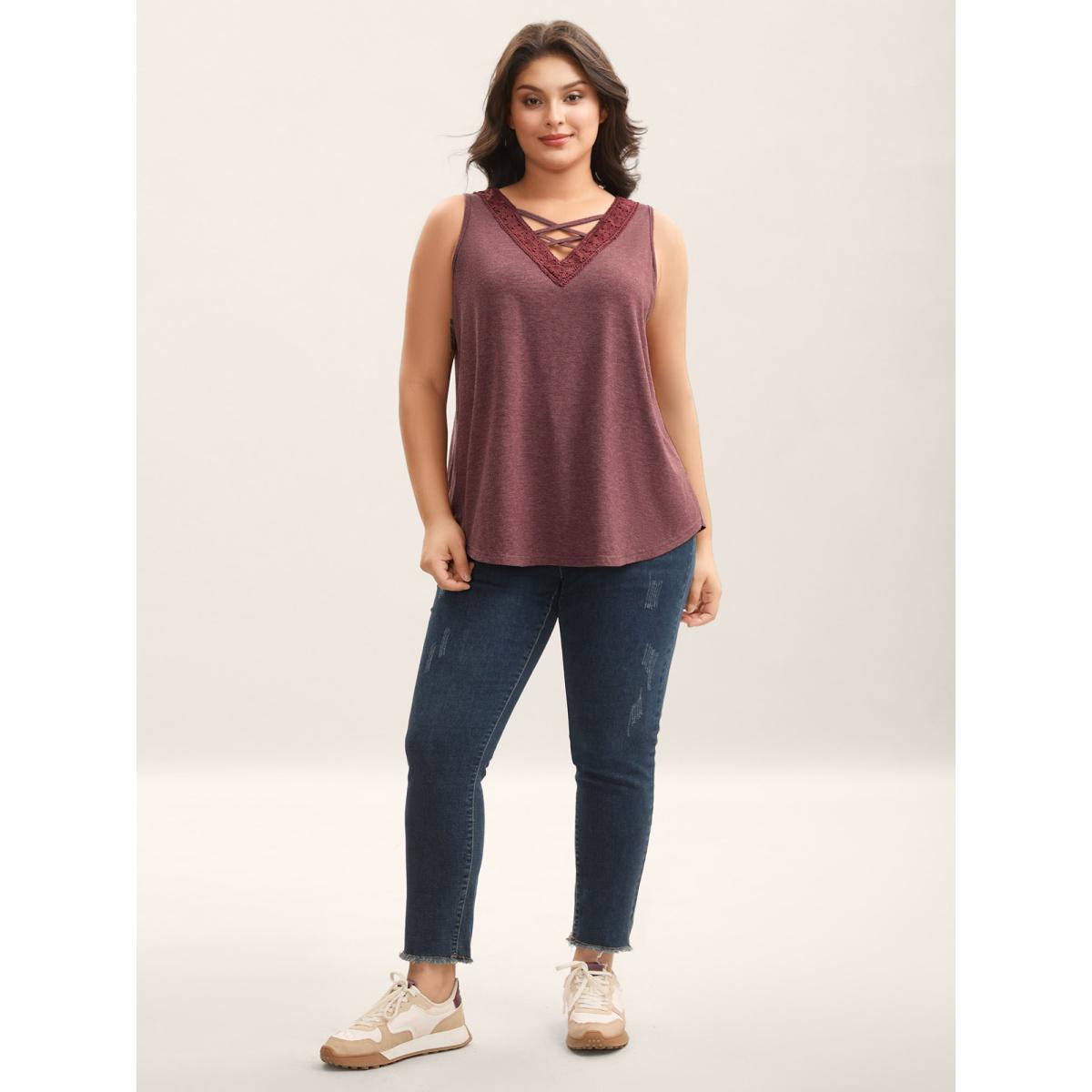 Plus Size Neck Tie-Up Lace Spliced Tank Top Women Burgundy Woven ribbon&lace trim V-neck Everyday-Casual Tank Tops Camis BloomChic 18-20/2X Product Image