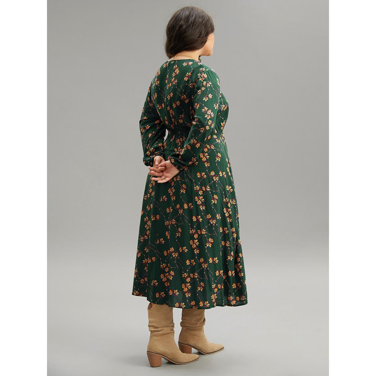Plus Size Floral Print Elastic Waist Lantern Sleeve Dress DarkGreen Women Elegant Elastic cuffs V-neck Long Sleeve Curvy Midi Dress BloomChic 22-24/3X Product Image