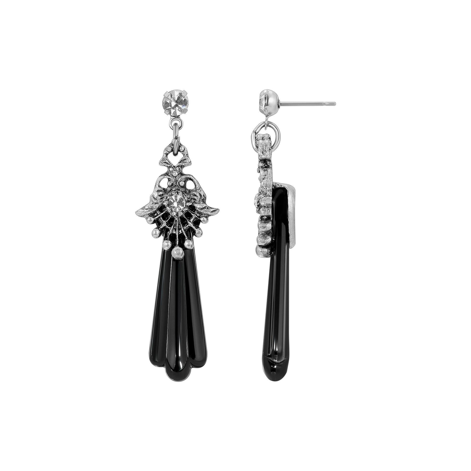 1928 Pewter Tone Crystal & Black Drop Earrings, Women's Product Image