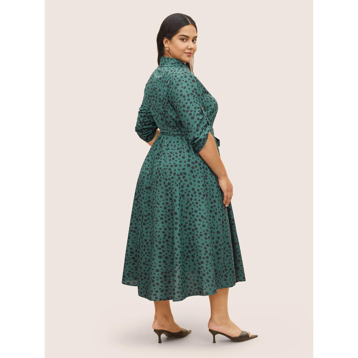 Plus Size Shirt Collar Polka Dot Elastic Waist Belted Dress Emerald Women At the Office Non Shirt collar Half Sleeve Curvy Midi Dress BloomChic 10/M Product Image