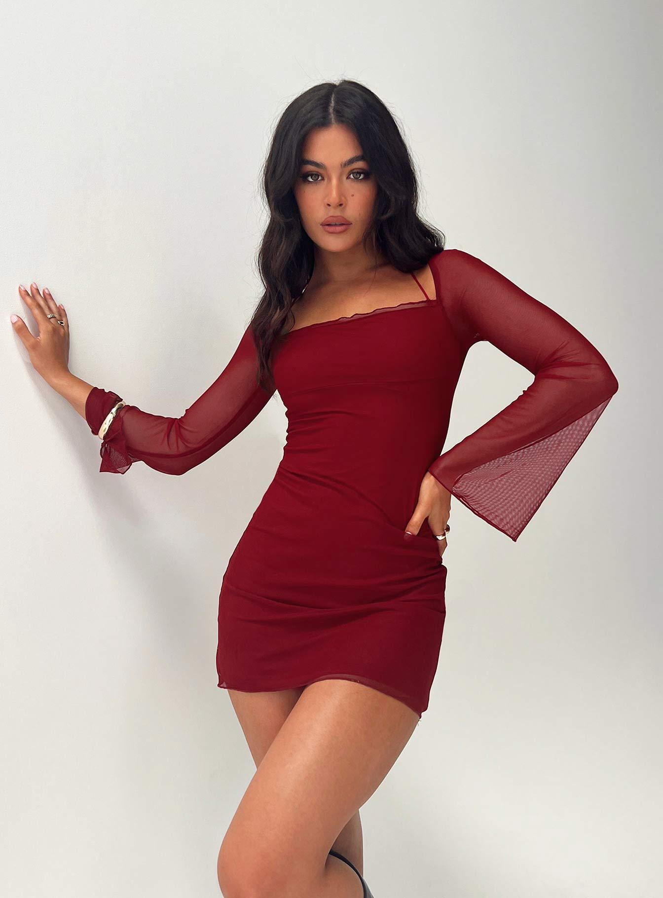 Bilbao Long Sleeve Mini Dress Burgundy Product Image