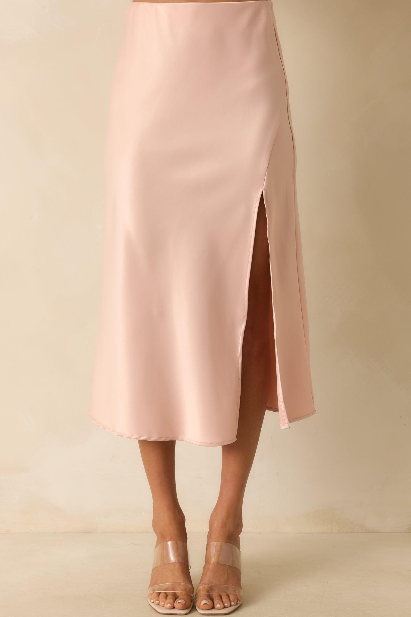 Park Avenue Glam Blush Pink Satin Midi Skirt Product Image