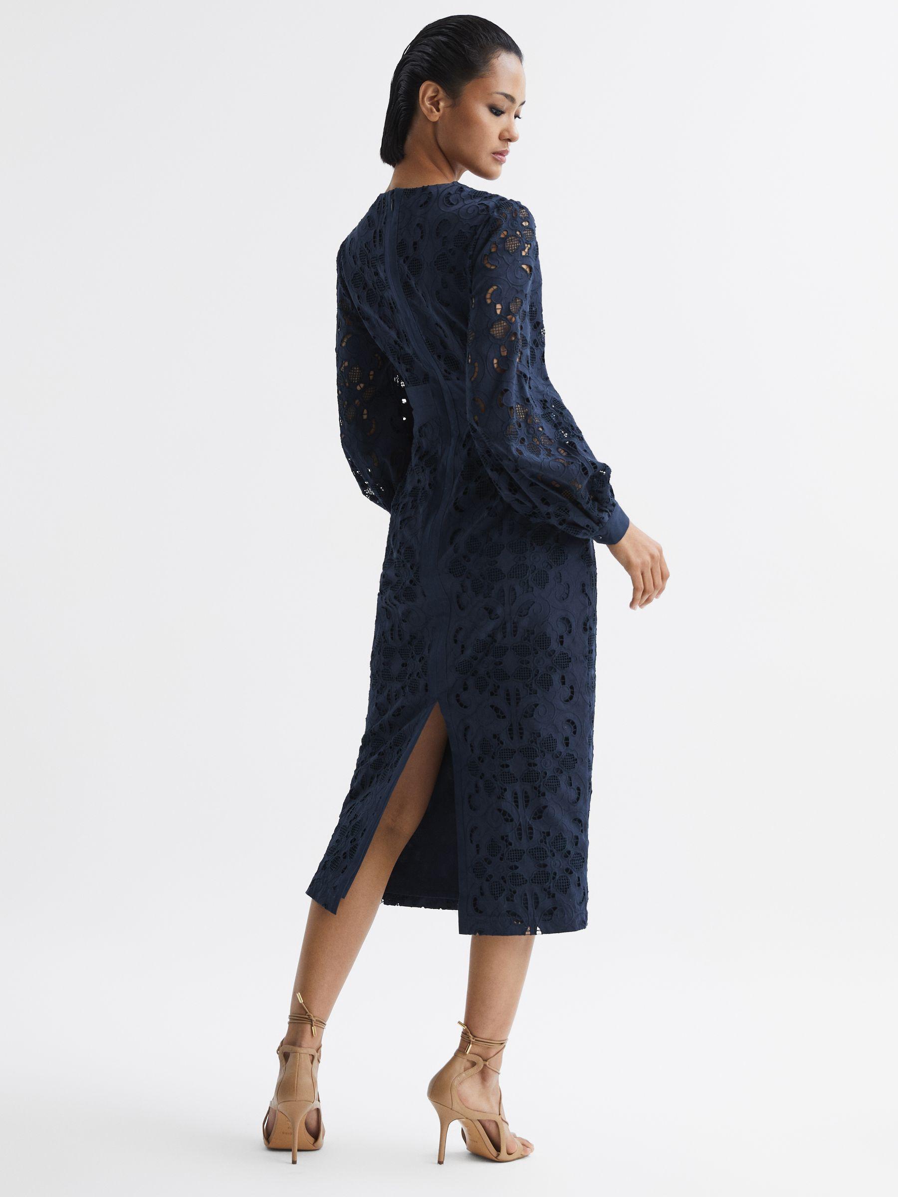 Lace Cut-Out Midi Dress in Navy Product Image