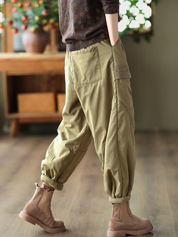 Vintage Loose Split-Joint Solid Color Elastic Waist Padded Harem Pants Product Image