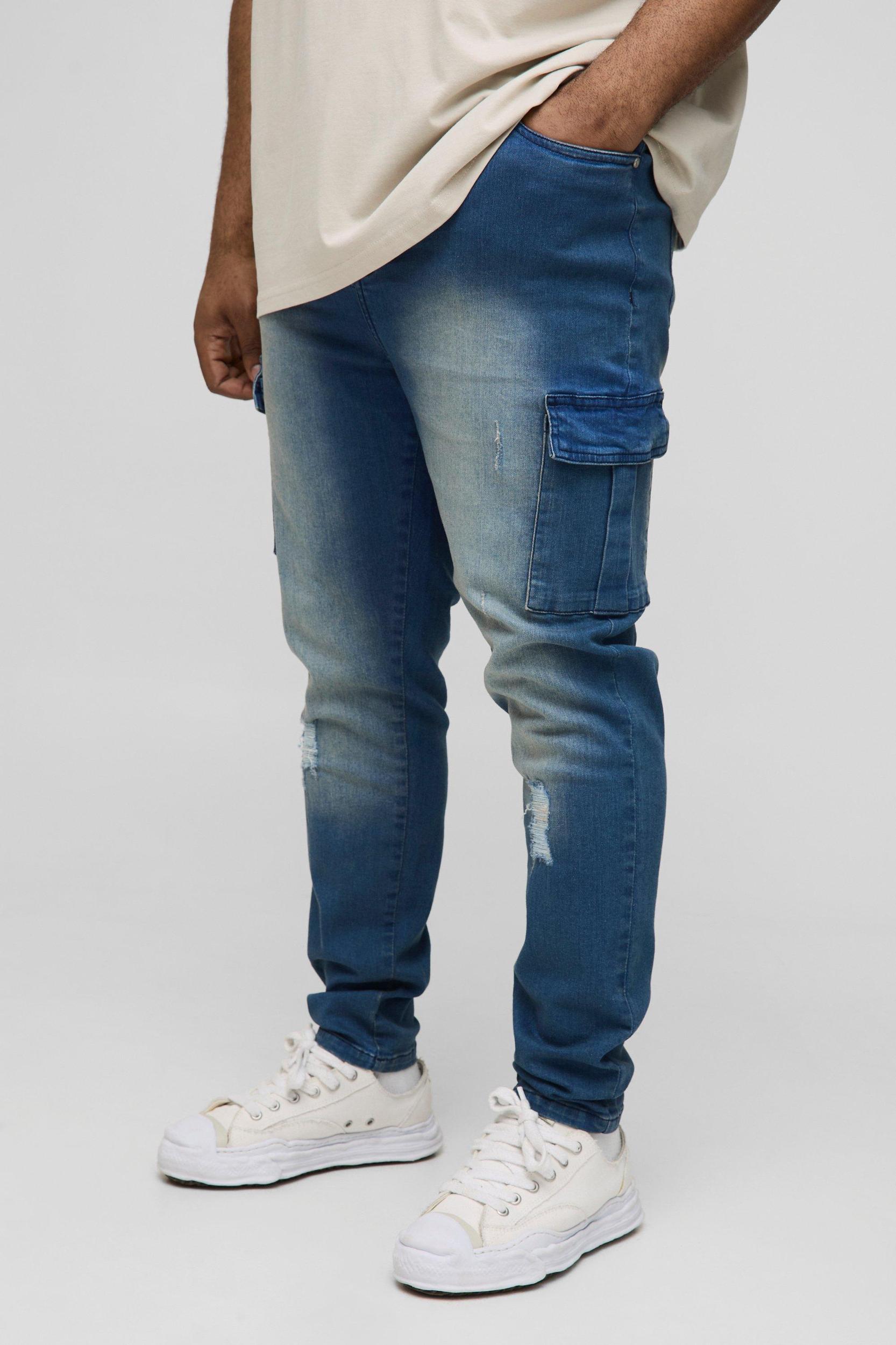 Plus Distressed Super Skinny Cargo Jeans | boohooMAN USA Product Image