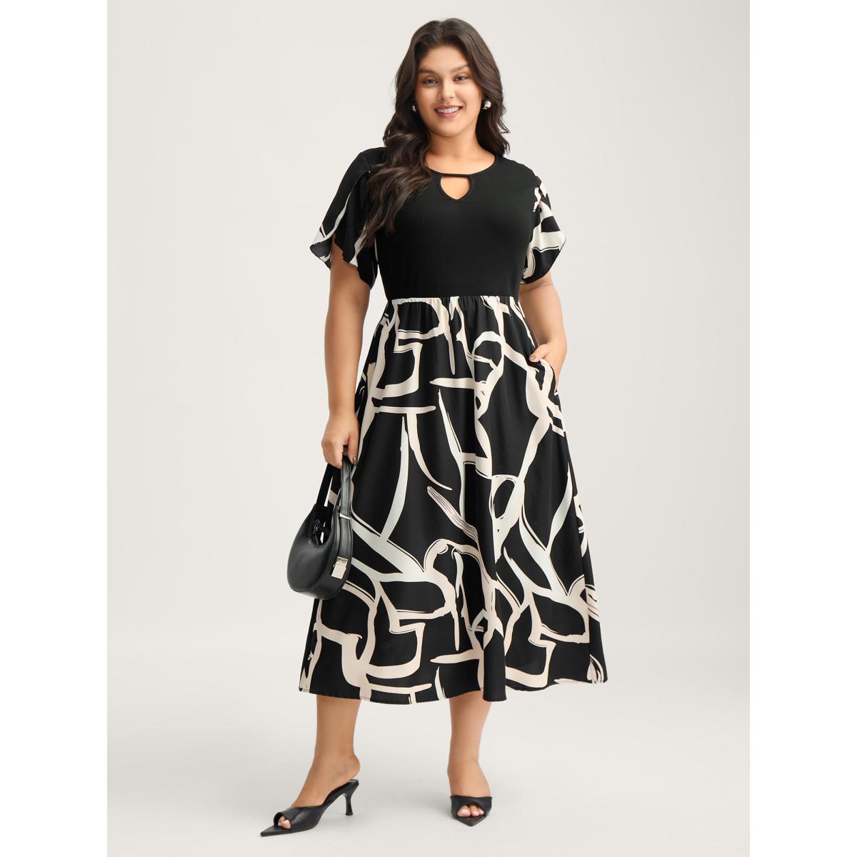 Plus Size Geometric Print Color Contrast Stretchy Midi Dress BlackFlower Women Petal edge Round Neck Short sleeve Curvy BloomChic 26/4X Product Image