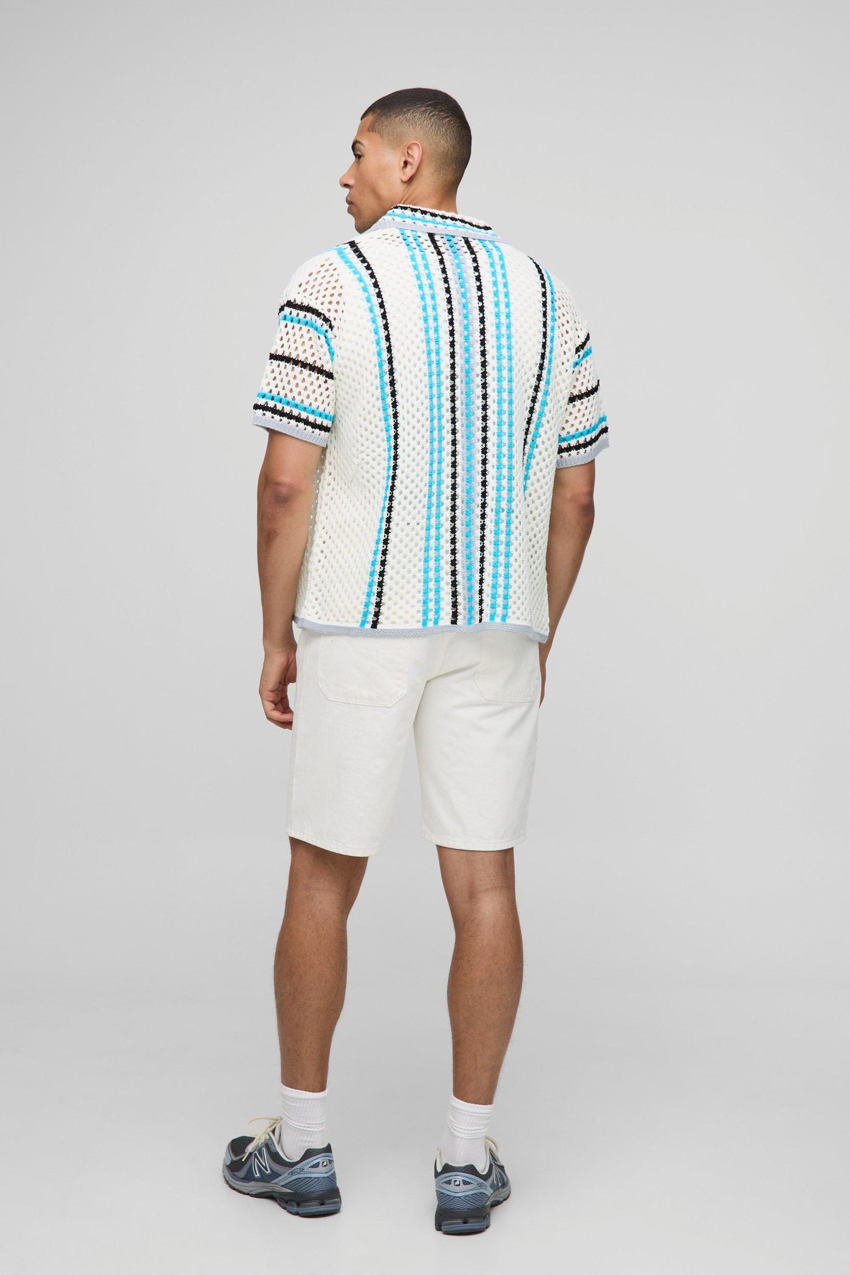 Oversized Boxy Open Knit Stripe Shirt | boohooMAN USA Product Image