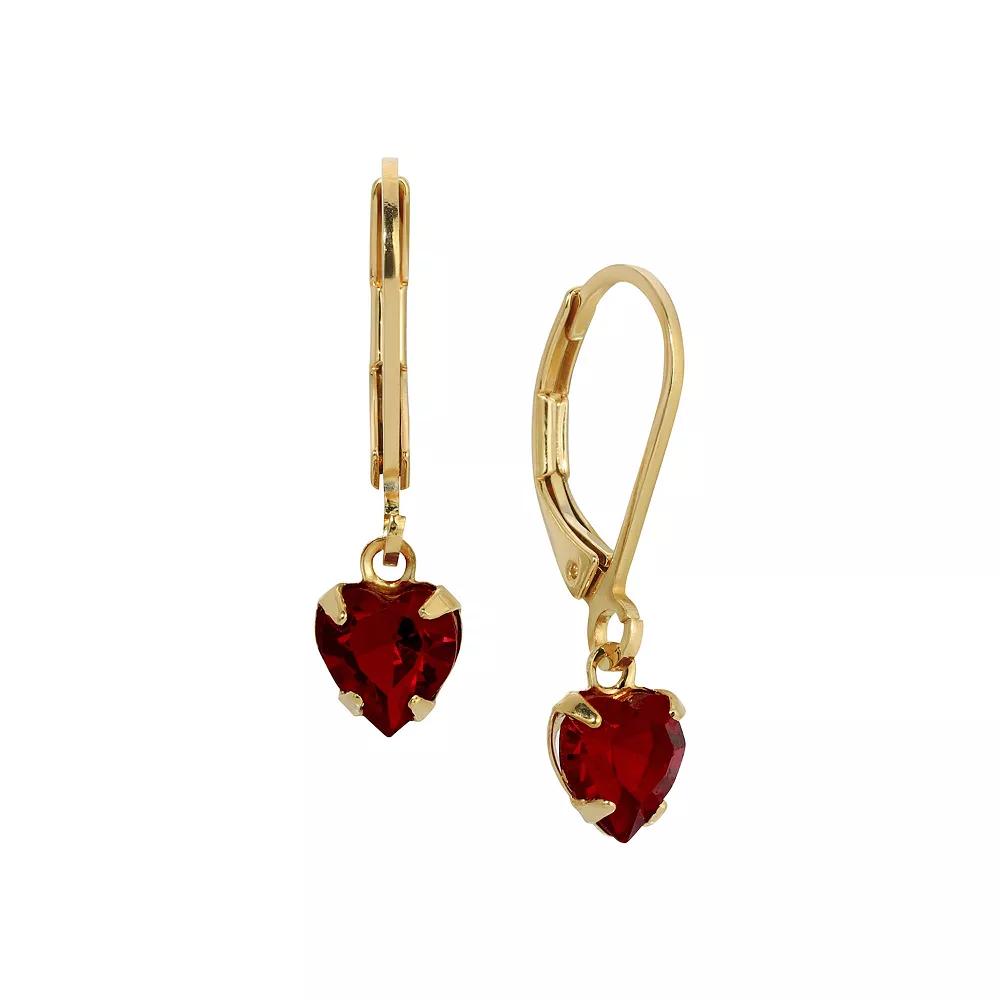 1928 Gold Tone Crystal Heart Drop Earrings, Women's, Red Product Image
