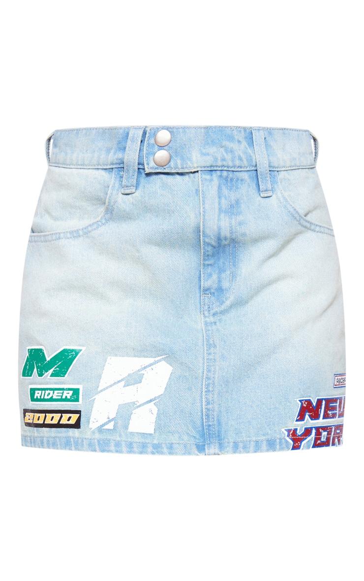 Light Blue Wash Racer Graphic Denim Mini Skirt Product Image