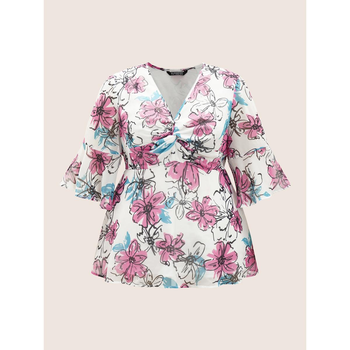 Plus Size Ivory Floral Twist Ruffles See Through Blouse Women Elegant Elbow-length sleeve V-neck Everyday Blouses BloomChic 30/6X Product Image
