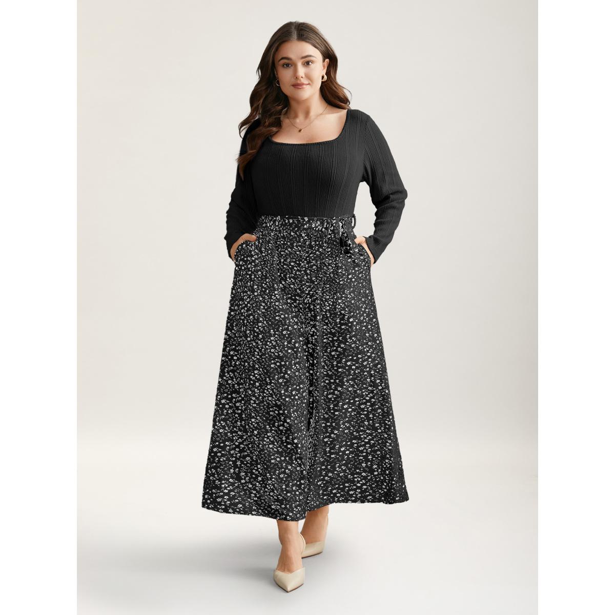 Plus Size Black Textured Square Neck Belted Floral Jumpsuit Women Elegant Long Sleeve Square Neck Everyday Loose Jumpsuits BloomChic 10/M Product Image