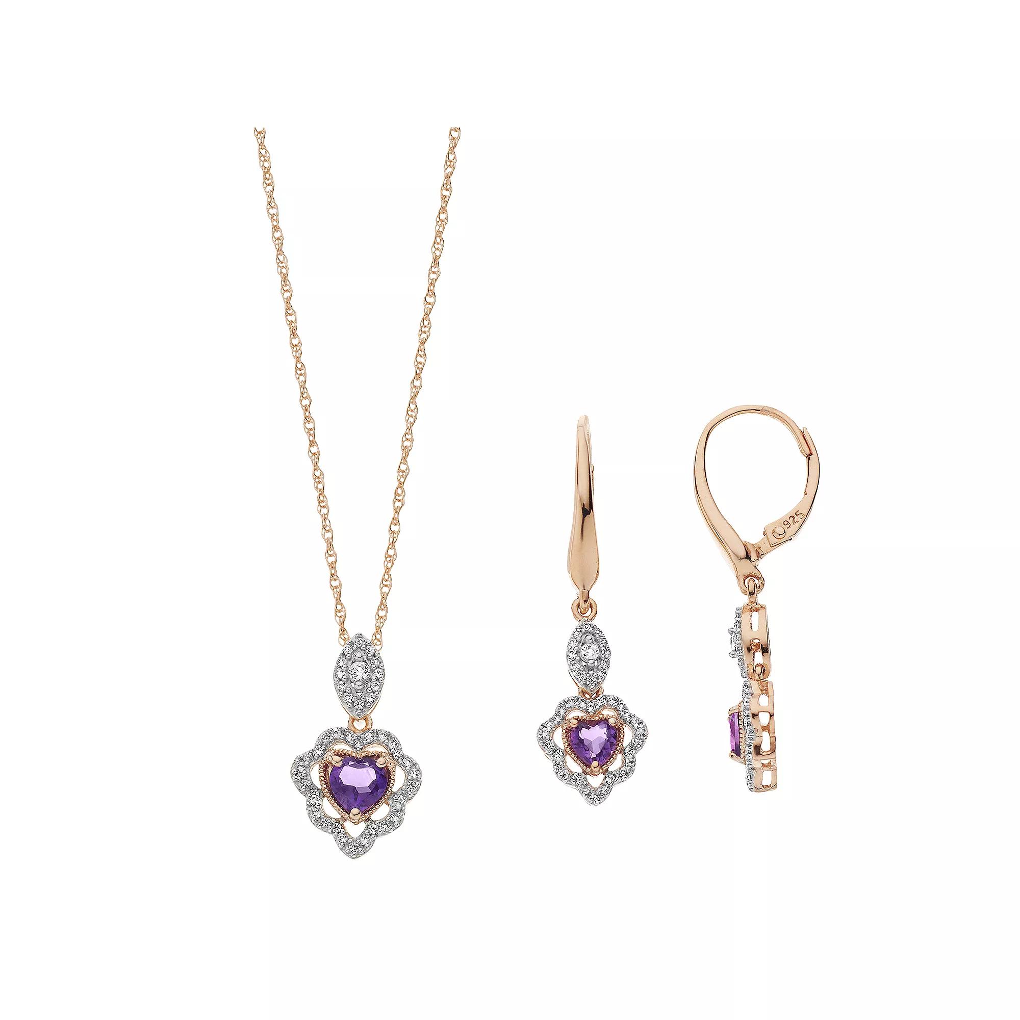 14k Rose Gold Over Silver Amethyst & Lab-Created White Sapphire Pendant & Earring Set, Women's, Size: 18", Two Tone Product Image