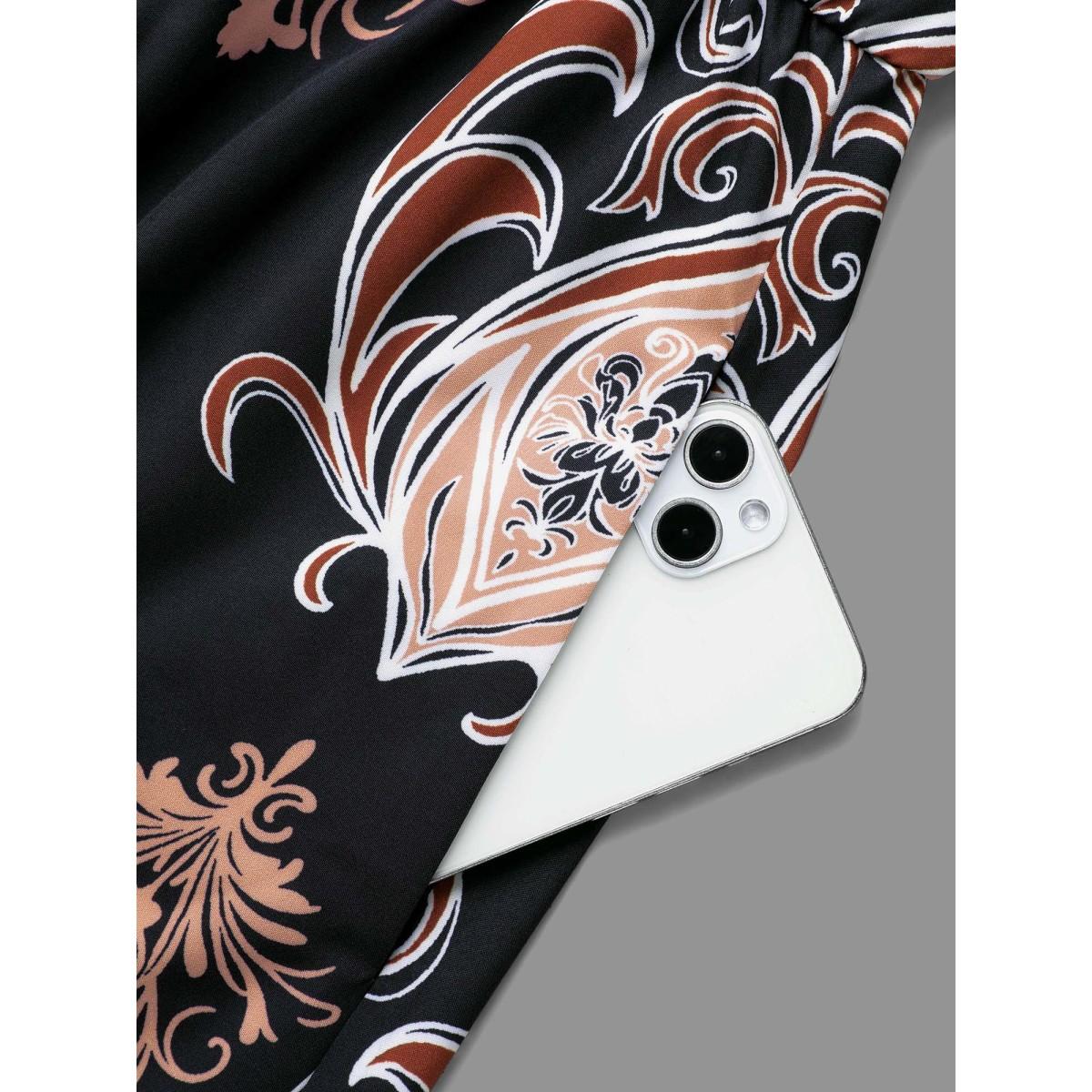 Plus Size Bandana Overlap Collar Elastic Waist Dress Black Women Resort Non Overlap Collar Long Sleeve Curvy BloomChic 30/6X Product Image