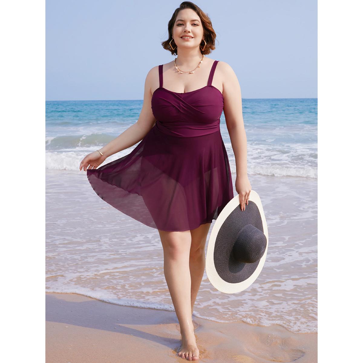 Plus Size Mesh Patchwork Flutter Crossover Sculpt Waist Swim Dress Women's Swimwear RedViolet Vacation Bodycon High stretch Curve Swim Dresses BloomChic 10/M Product Image