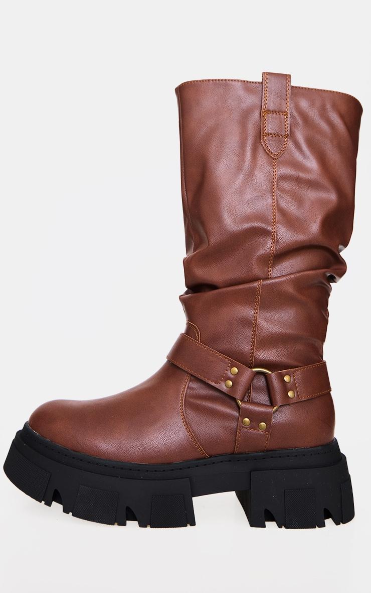 Tan Round Toe Buckle Knee High Chunky Boots Product Image