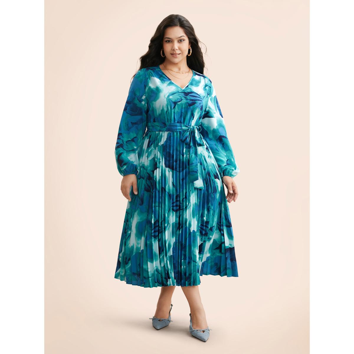 Plus Size Watercolor Floral Pleated Belted Dress DarkBlue Women Elegant Belted V-neck Long Sleeve Curvy BloomChic 22-24/3X Product Image