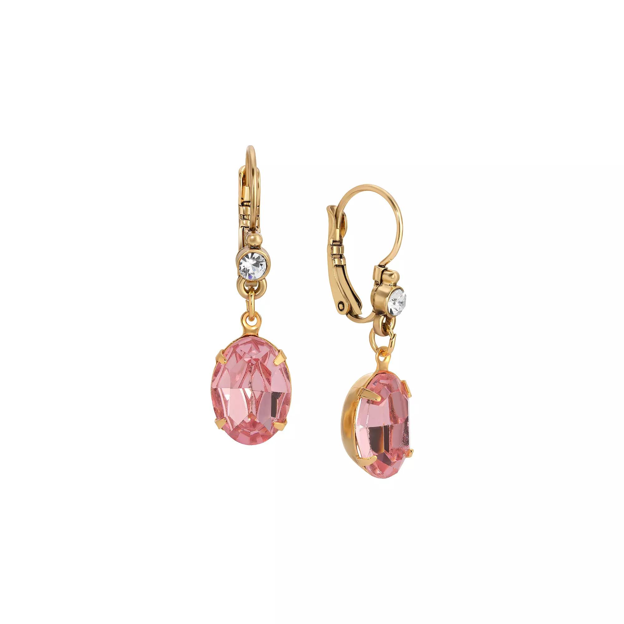 1928 Gold Tone Pink Oval Crystal Leverback Earrings, Women's Product Image