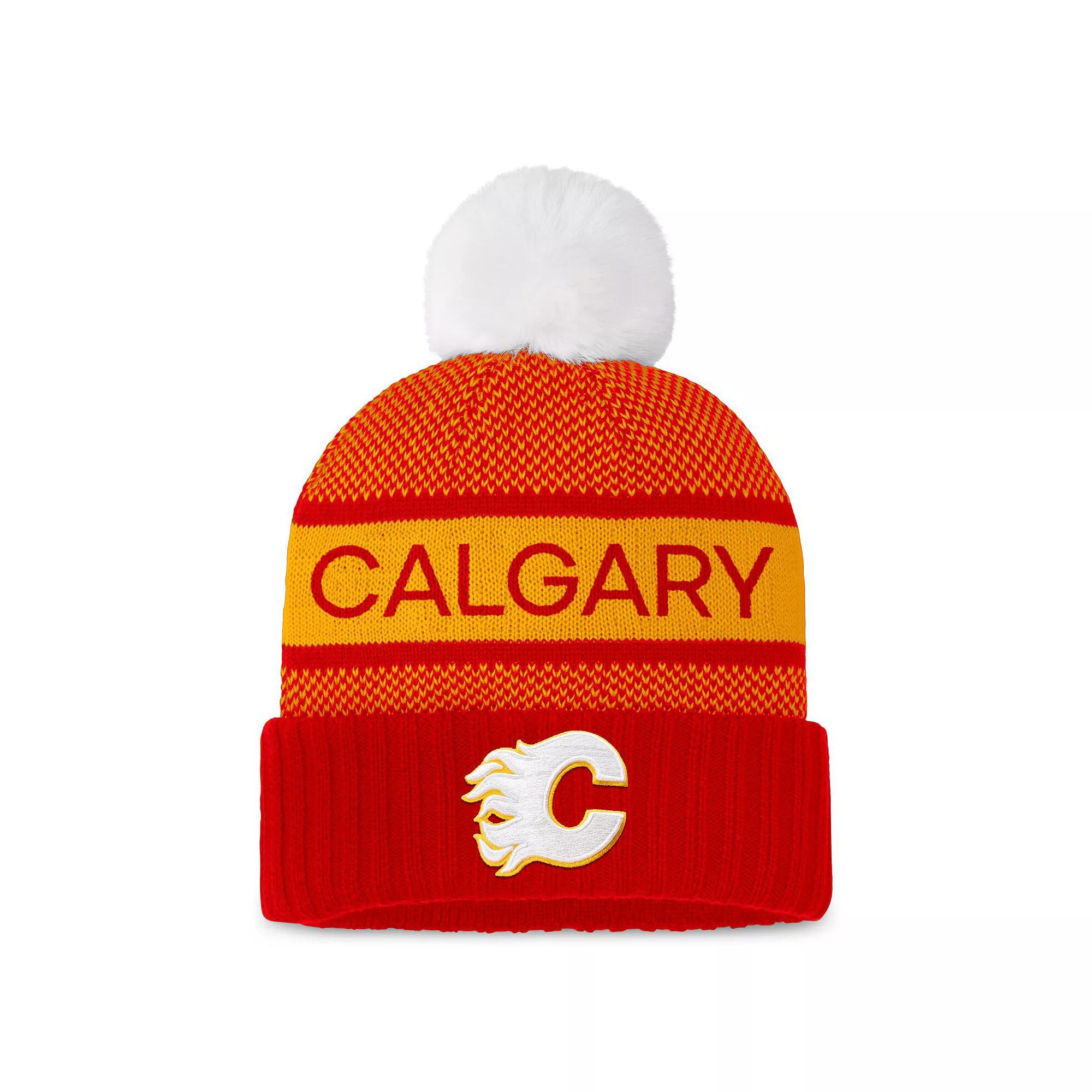 Women's Fanatics Branded  Red/Yellow Calgary Flames Authentic Pro Rink Cuffed Knit Hat with Pom, Flm Red Product Image