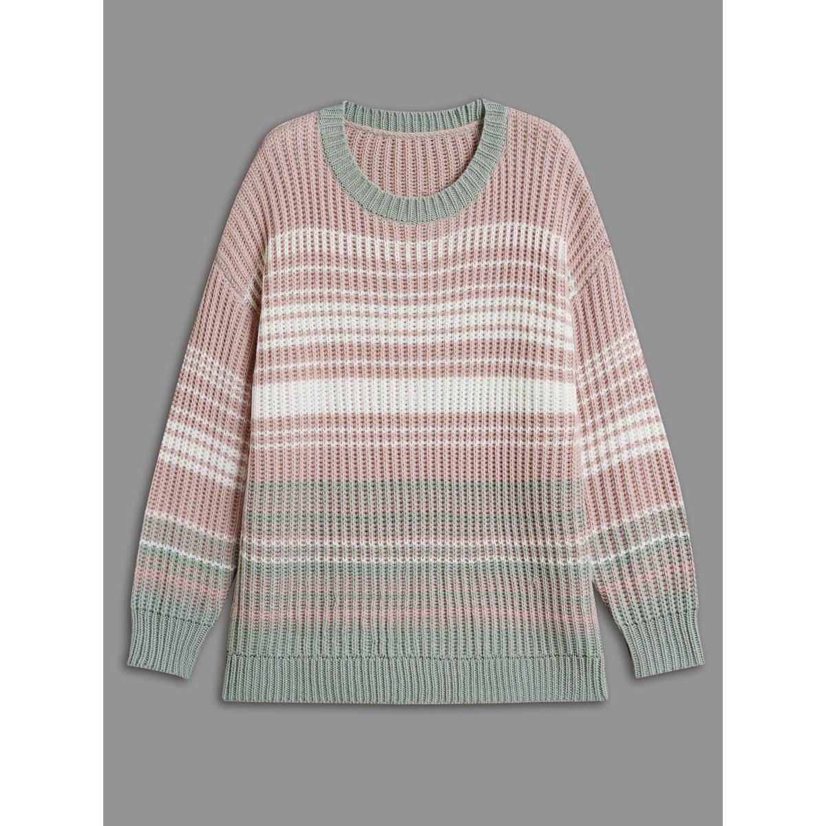 Plus Size Striped Contrast Colors Ribbed Pullover Greenbean Women Casual Loose Long Sleeve Round Neck Everyday Pullovers BloomChic 22-24/3X Product Image