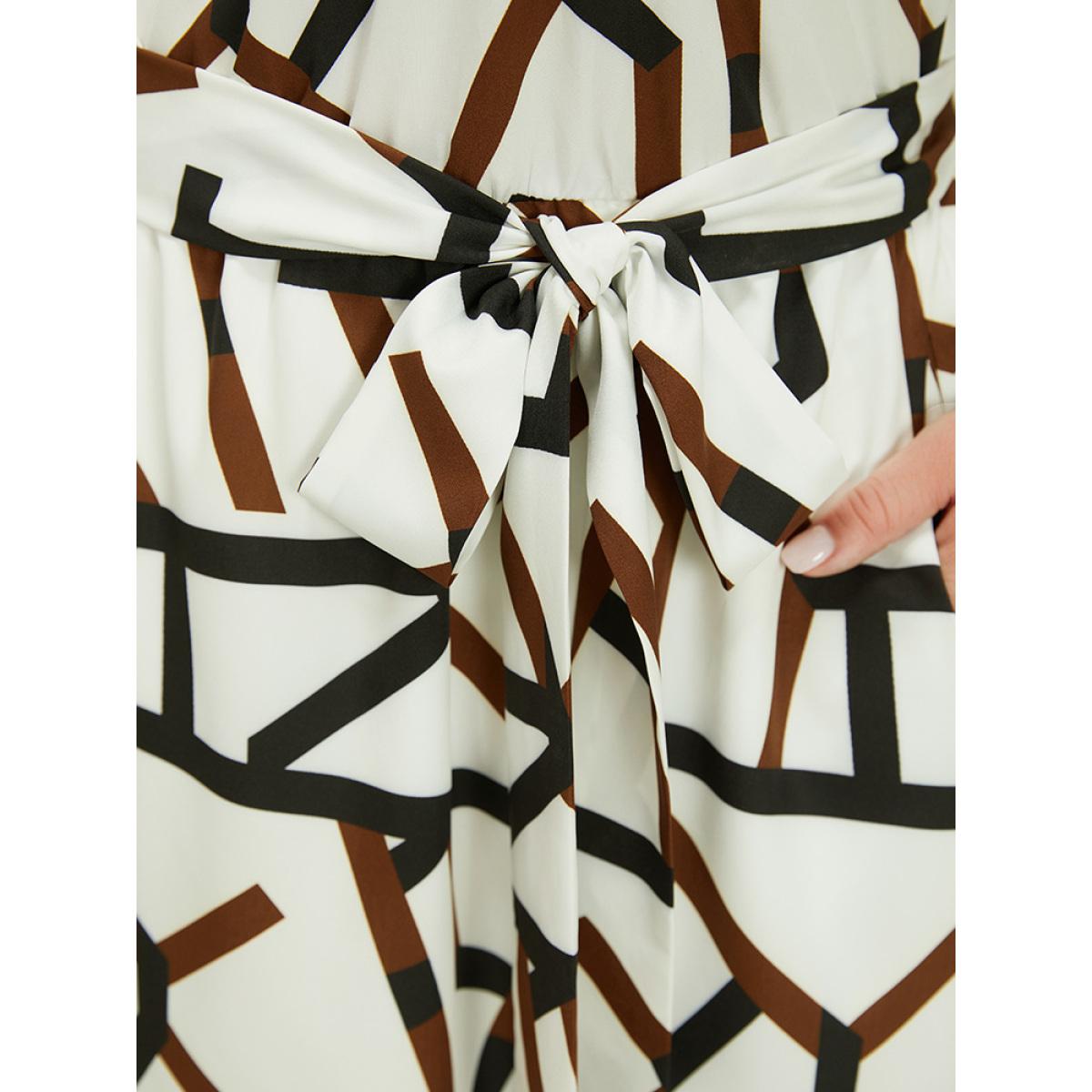 Plus Size Geometric Print Pocket Ruffles Keyhole Neck Dress Multicolor Women Office Lined Keyhole Cut-Out Short sleeve Curvy Midi Dress BloomChic 30/6X Product Image