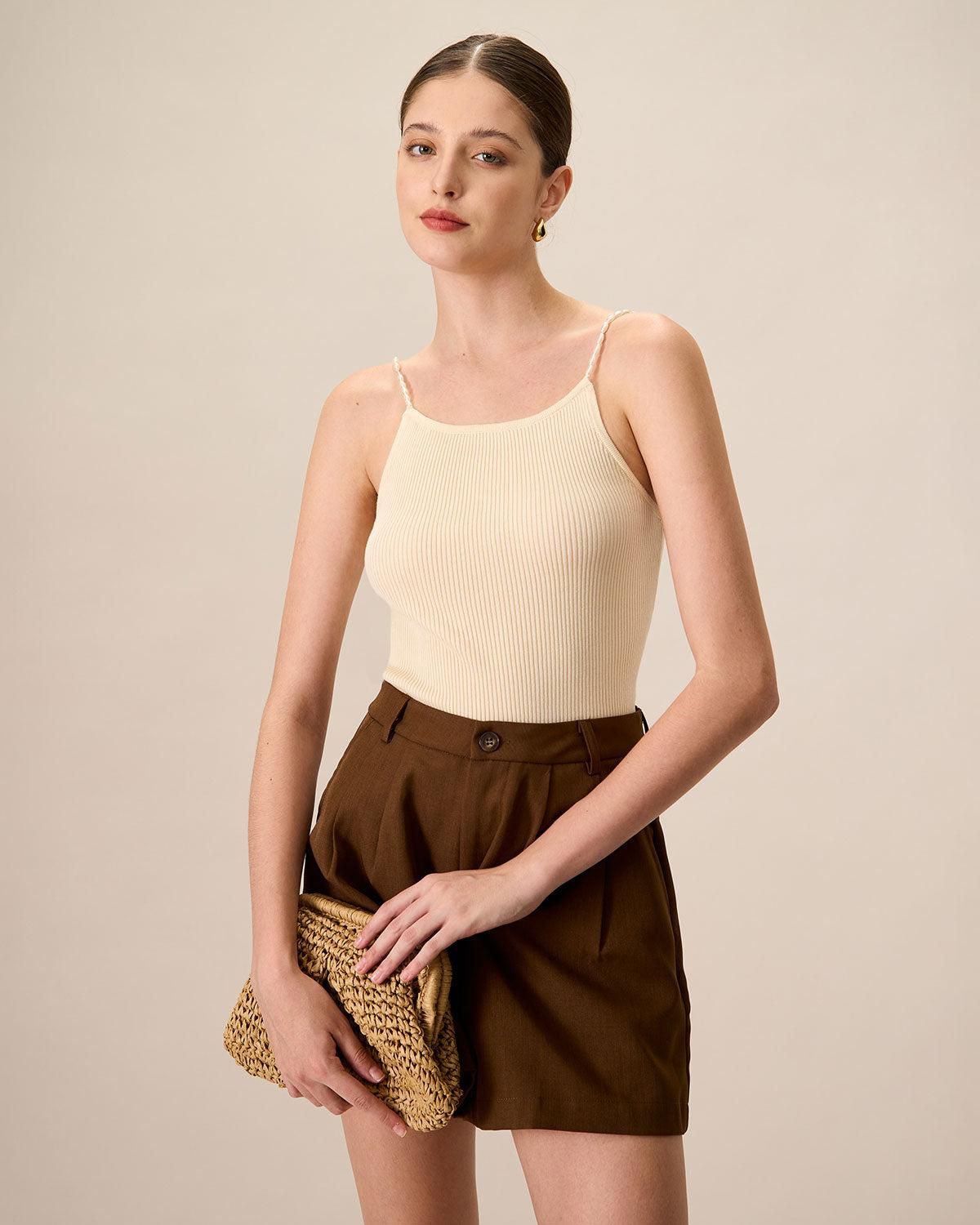 Women's Beige Beaded Strap Ribbed Cami Top Female Product Image