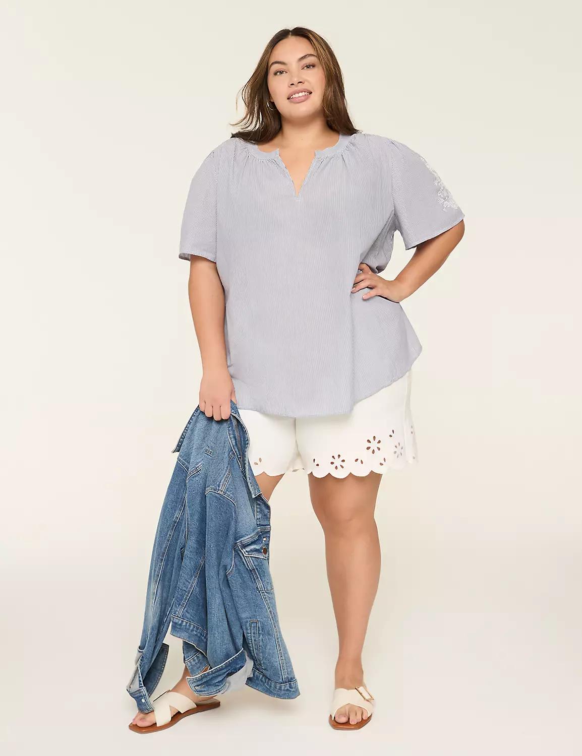 Embroidered Notch-Neck Popover Top Product Image