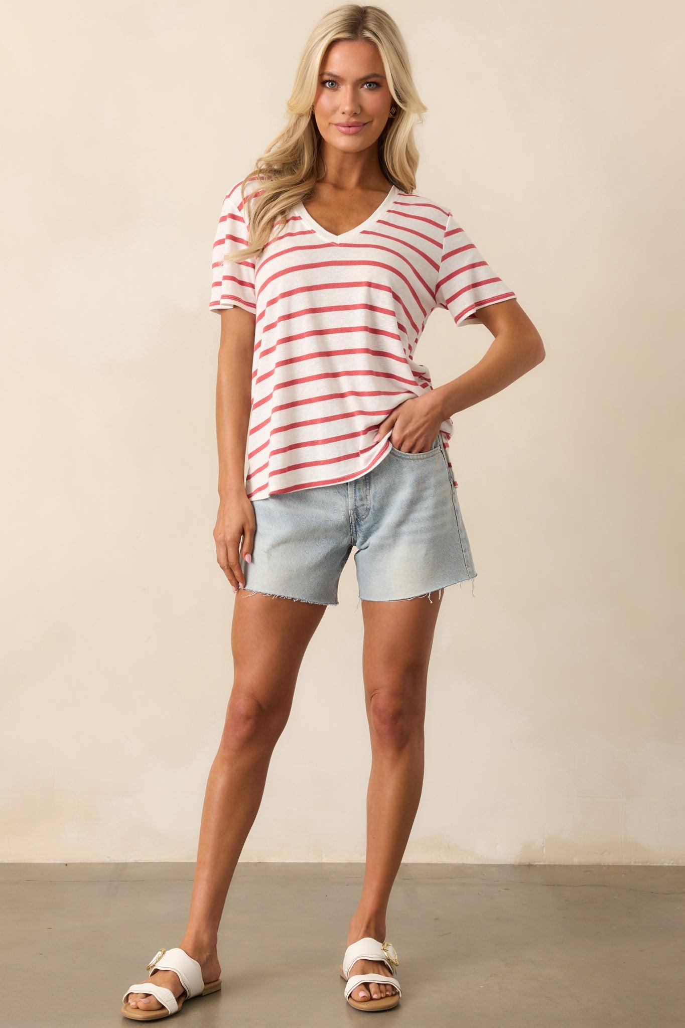 Comfort Zone Red Stripe Short Sleeve V-Neck Tee Product Image