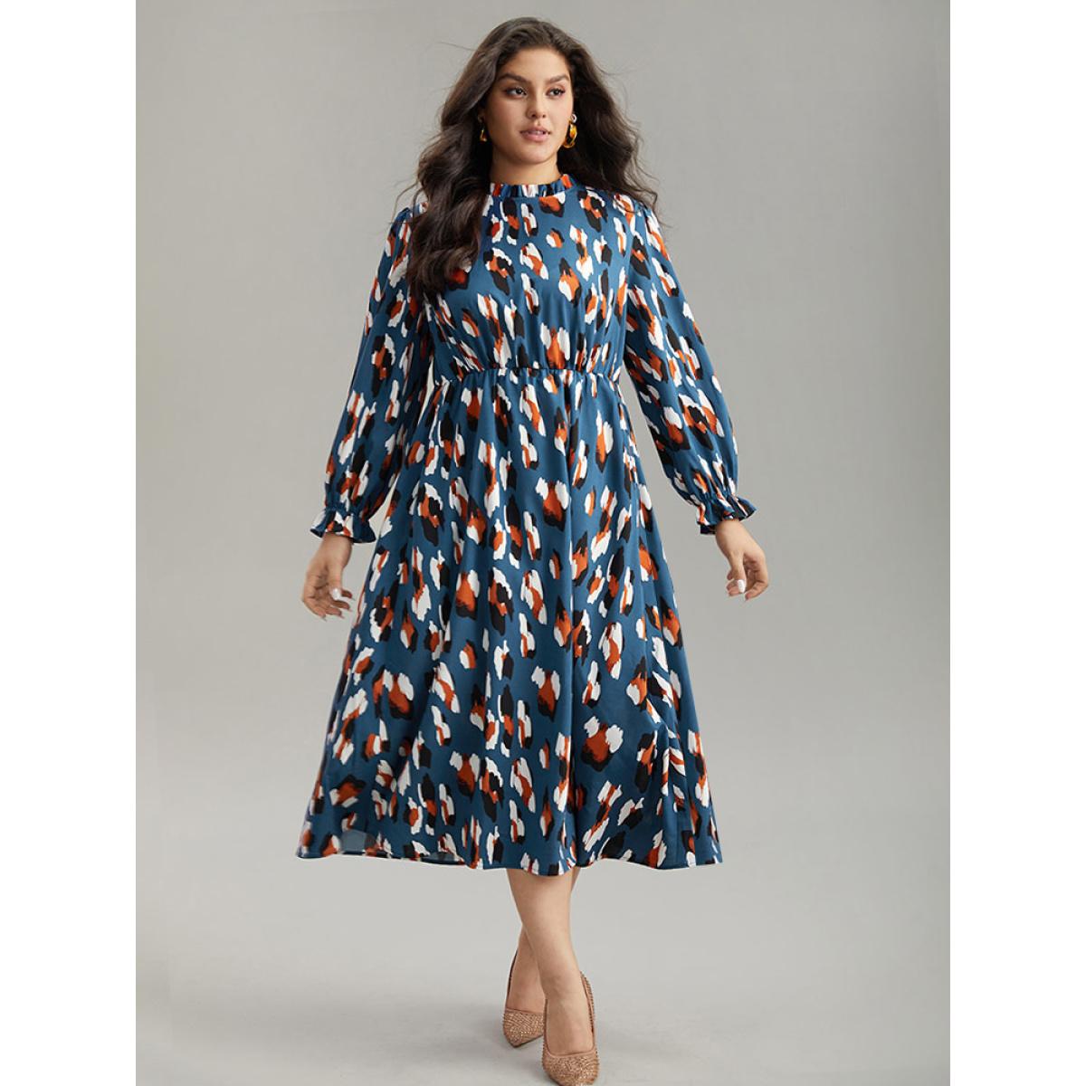 Plus Size Allover Print Stand Collar Pocket Ruffles Dress Aegean Women Office Printed Stand-up collar Long Sleeve Curvy Midi Dress BloomChic 18-20/2X Product Image