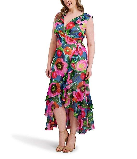 Kensie Plus Size Floral Printed High-Low Hem Chiffon Dress Product Image