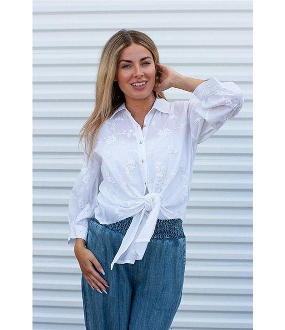 Karyn Seo Alanis Hand-Embroidered Spread Collar Long Sleeve Button-Front Self-Tie Blouse Product Image