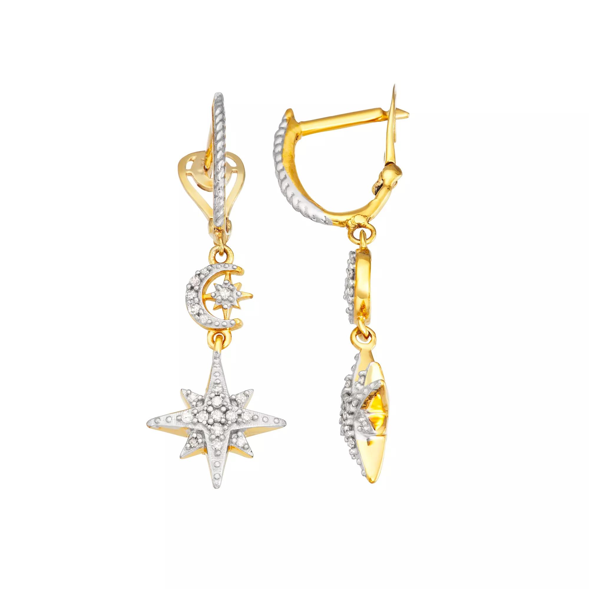 Jewelexcess 14k Gold Over Silver 1/5 Carat T.W. Diamond Moon & Star Drop Earrings, Women's, 14k Gold Plated Product Image