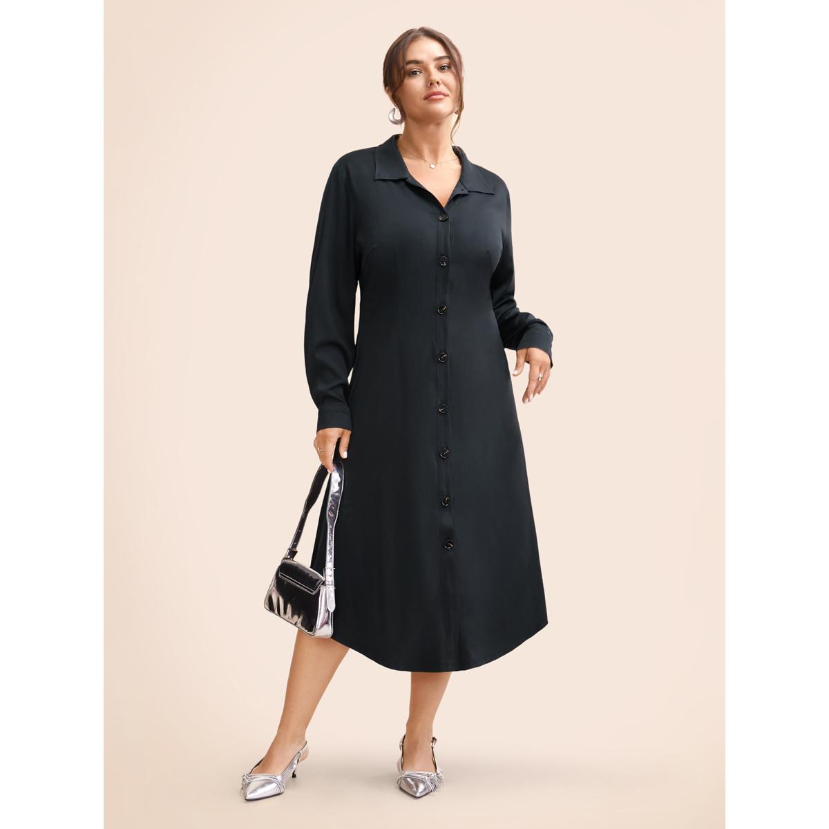 Plus Size Stretch Woven Structured Midi Dress Midnight Women At the Office Button Shirt collar Long Sleeve Curvy BloomChic 22-24/3X Product Image