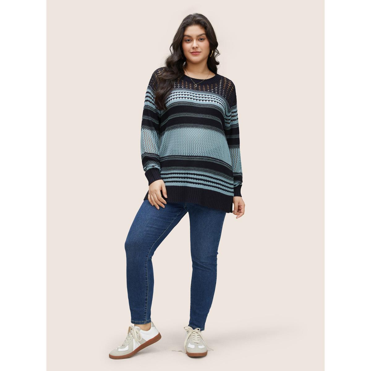 Plus Size Striped Colorblock Patchwork Split Side Pullover LightBlue Women Casual Long Sleeve Round Neck Everyday Pullovers BloomChic 10/M Product Image