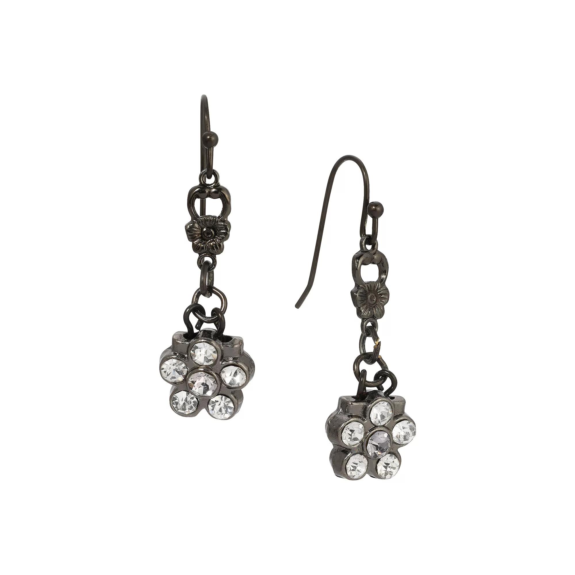 1928 Black Tone Crystal Flower Drop Earrings, Womens, Gray Product Image