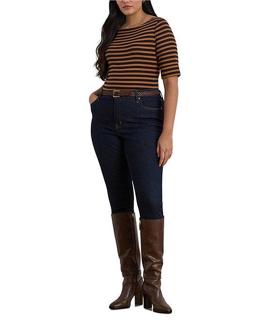 Lauren Ralph Lauren Plus Size Stretch Cotton Striped Boat Neck Elbow Sleeve Tee Product Image