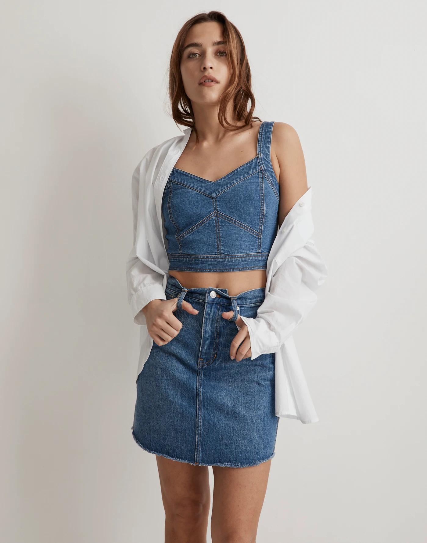 Denim Dolphin-Hem Mini Skirt in Harwell Wash Product Image