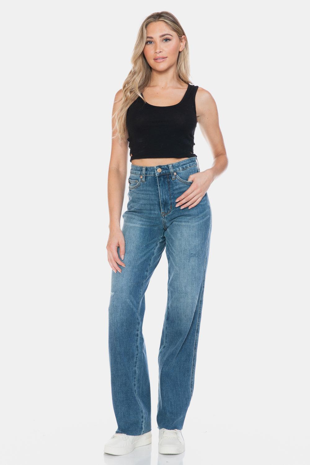 88848   Andie Hi-Rise Tummy Control Cut Raw Hem Straight Judy Blue Jeans - ONLINE EXCLUSIVE! Product Image