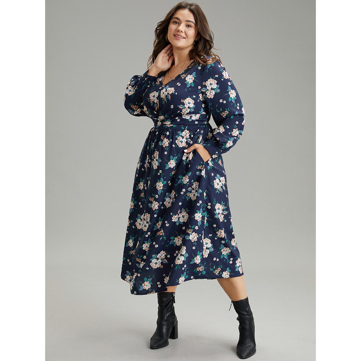 Plus Size Floral Print Twist Front Pocket Midi Dress DarkBlue Women Elegant Printed V-neck Long Sleeve Curvy Midi Dress BloomChic 28/5X Product Image
