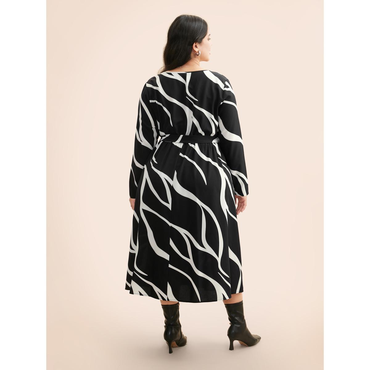 Plus Size V Neck Geometric Belted Dress Black Women At the Office Belted V-neck Long Sleeve Curvy BloomChic 22-24/3X Product Image